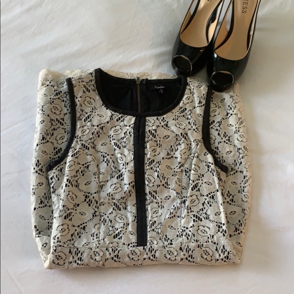 White lace dress with faux leather details